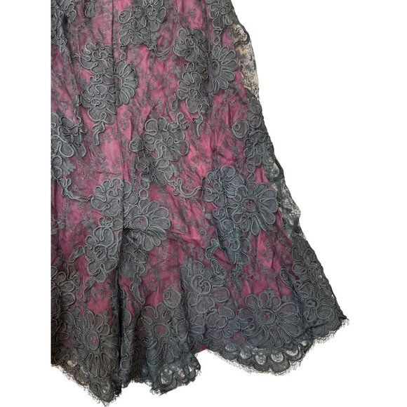 Vintage 50' s 60's Black Lace Overlay Burgundy Whimsygoth Crepey Delicate Floral - Picture 2 of 16